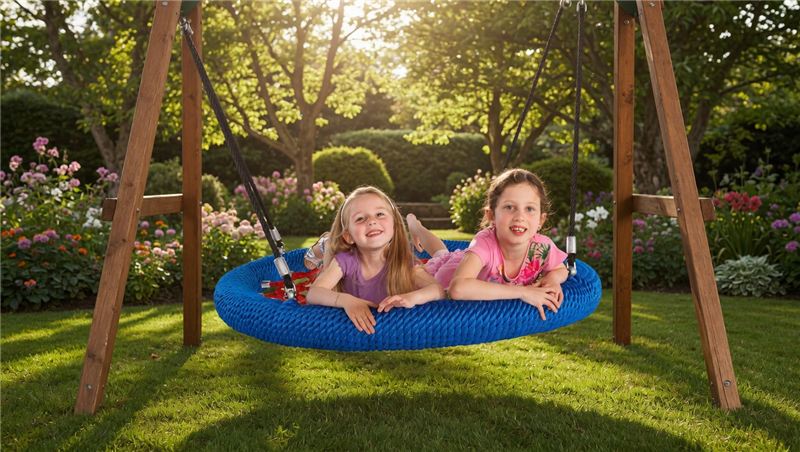 Children using a climbing frame nest swing in a garden