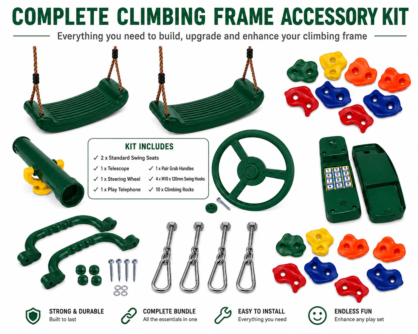 Complete Climbing Frame Accessory Kit – Swing Seats, Rocks & Play Accessories - Climbing Frame Accessories